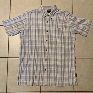 Patagonia Men's XL Pink Plaid Short Sleeve Button-Up Shirt Outdoor Hiking